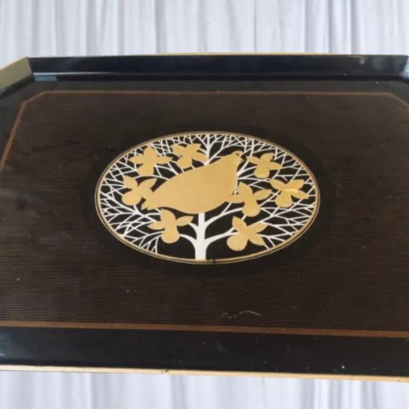 OTAGIRI Japan Vintage Lacquerware Serving Tray Quail Bird Black Brown Gold - Picture 8 of 9